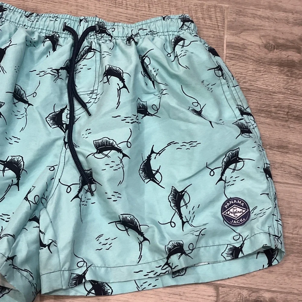 Panama Jack Swim Trunks Fish Print Aqua‎ Blue Swim Shorts Lined Size Medium